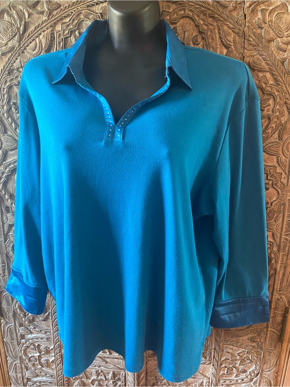 Teal Collared Knit Top with Stud Detail